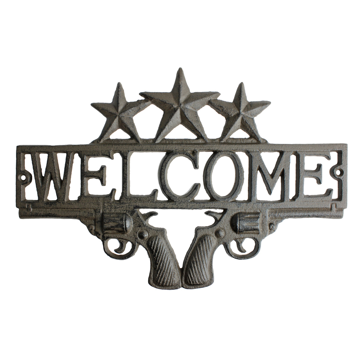 Cast Iron Western Welcome Sign Wall Plaque Stars Crossed Revolver Pistols 13.25"