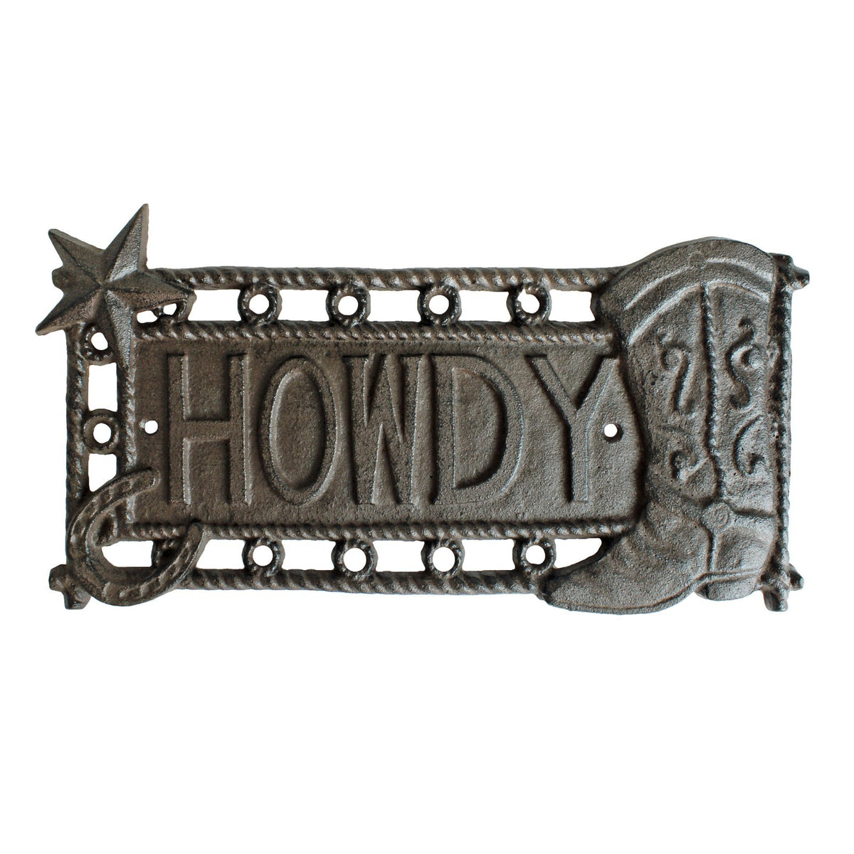 Cast Iron Howdy Wall Plaque Sign Cowboy Boot Texas Star Rustic Western Decor