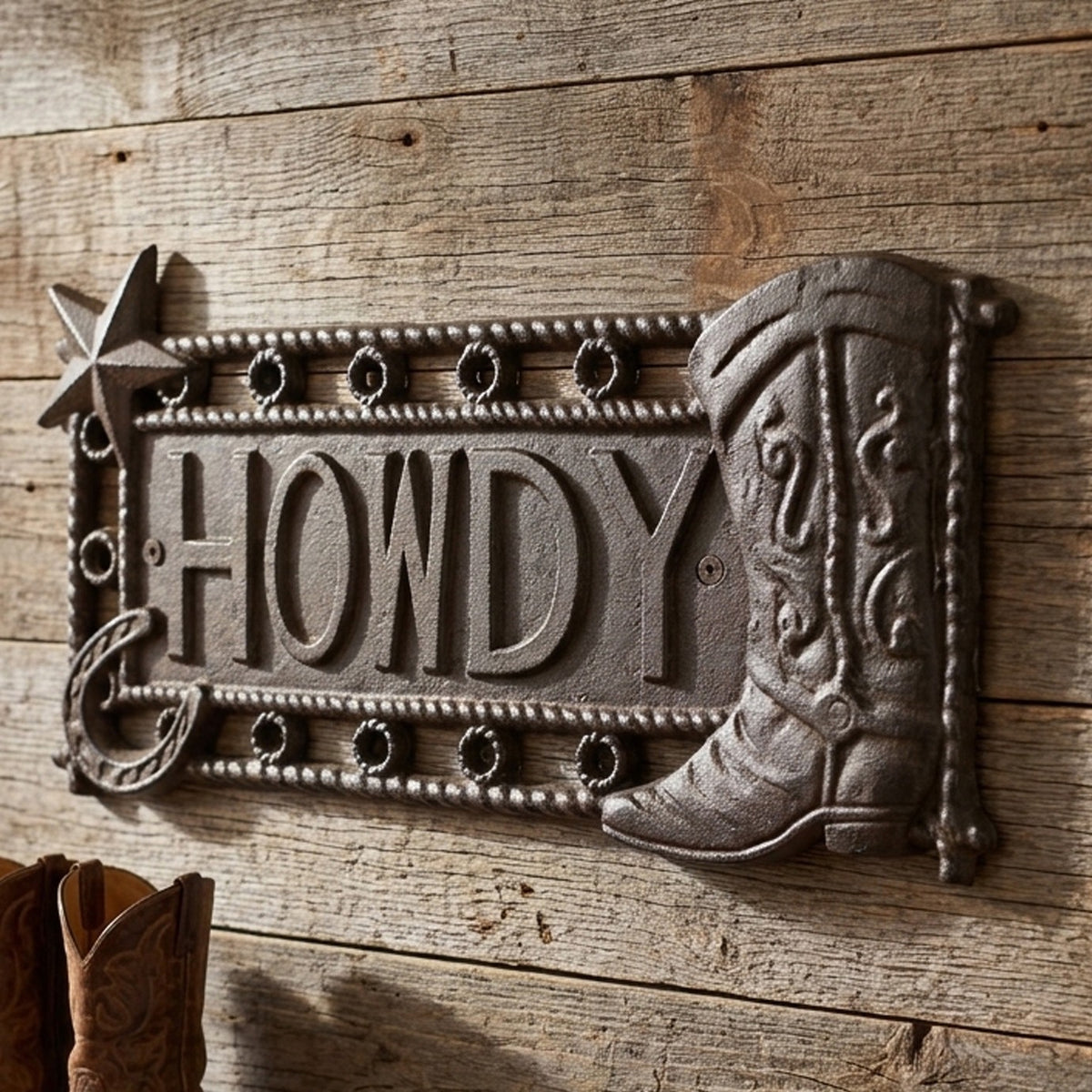 Cast Iron Howdy Wall Plaque Sign Cowboy Boot Texas Star Rustic Western Decor