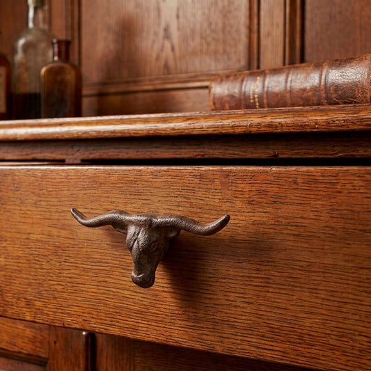 6 Cast Iron Longhorn Bull Head Drawer Knob Pulls Rustic Western Decor 4 3/4 inch