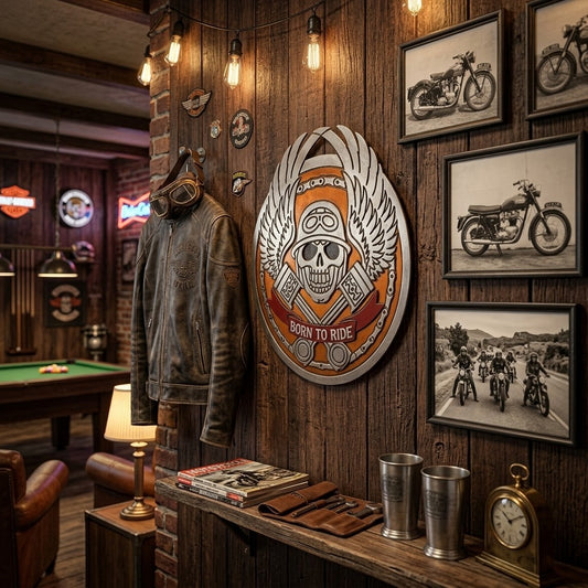 Large Wooden Biker Skull Wall Decor Born To Ride Wings Pistons Motorcycle 25"