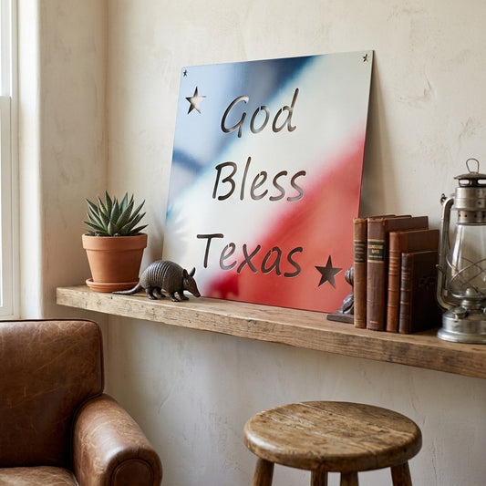 Metal God Bless Texas Plaque Sign Stars Letter Cutouts Flag Colors 12 x 12 inch