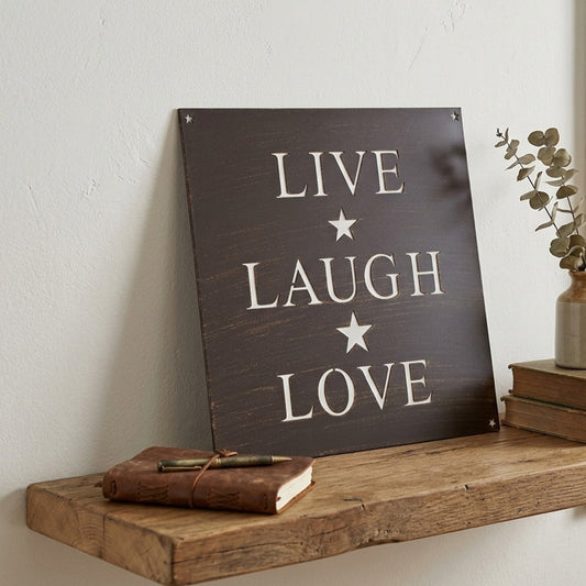 Metal Live Laugh Love Plaque Sign Stars Letter Cutouts Brushed Gold 12 x 12 inch