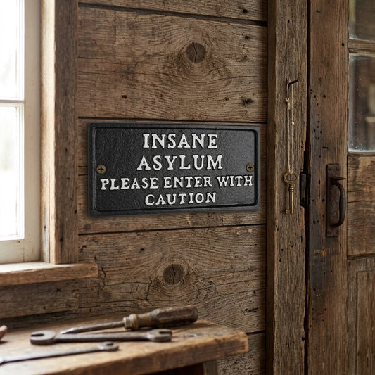 Cast Iron Insane Asylum Wall Decor Sign Please Enter With Caution Black Plaque