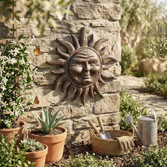 Cast Iron Sun Face Wall Decor Celestial Sunburst Plaque Rustic Garden Art 8.5 in
