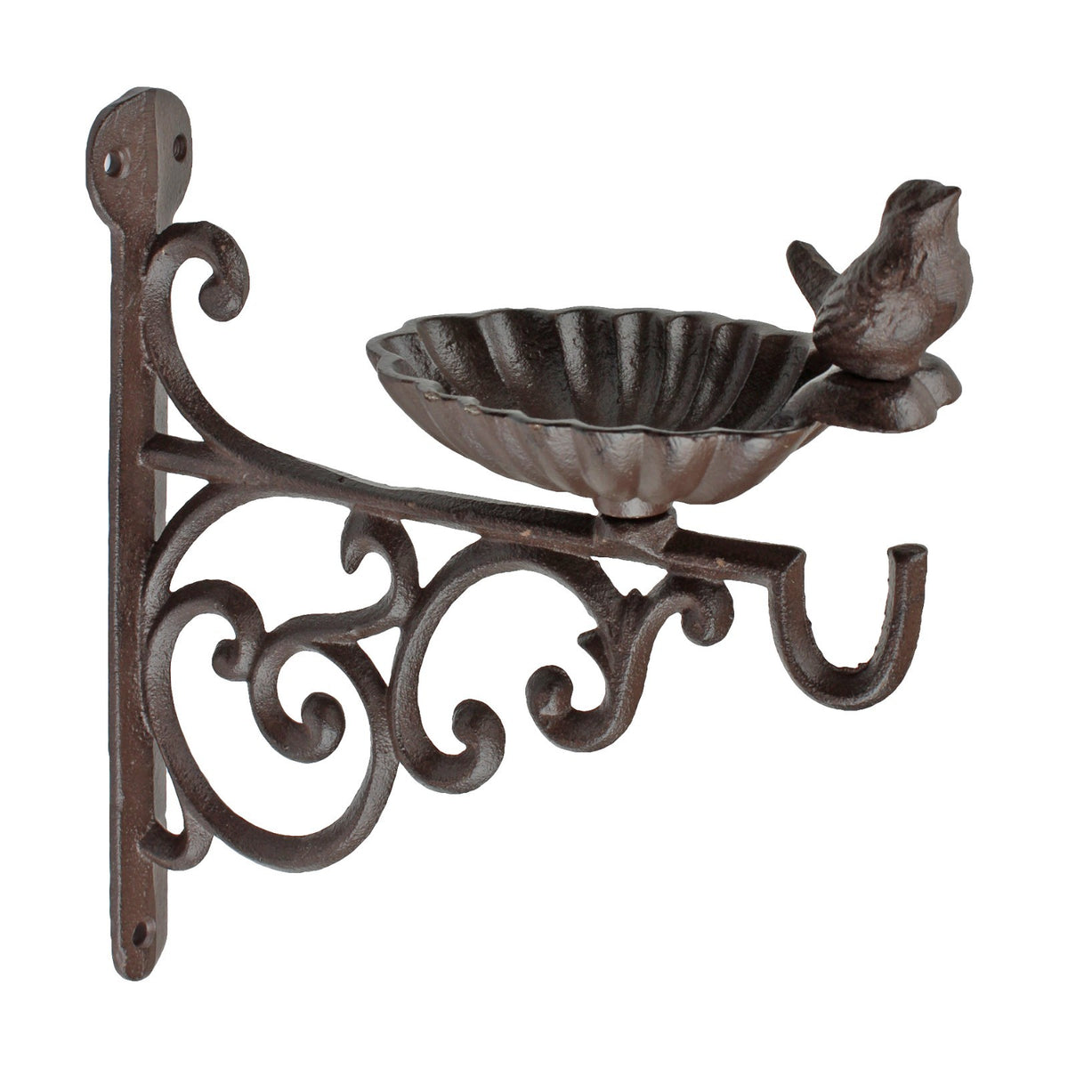 Cast Iron Shell Bird Feeder Wall Bracket Hanging Plant Hook Seed/Bath Dish Brown