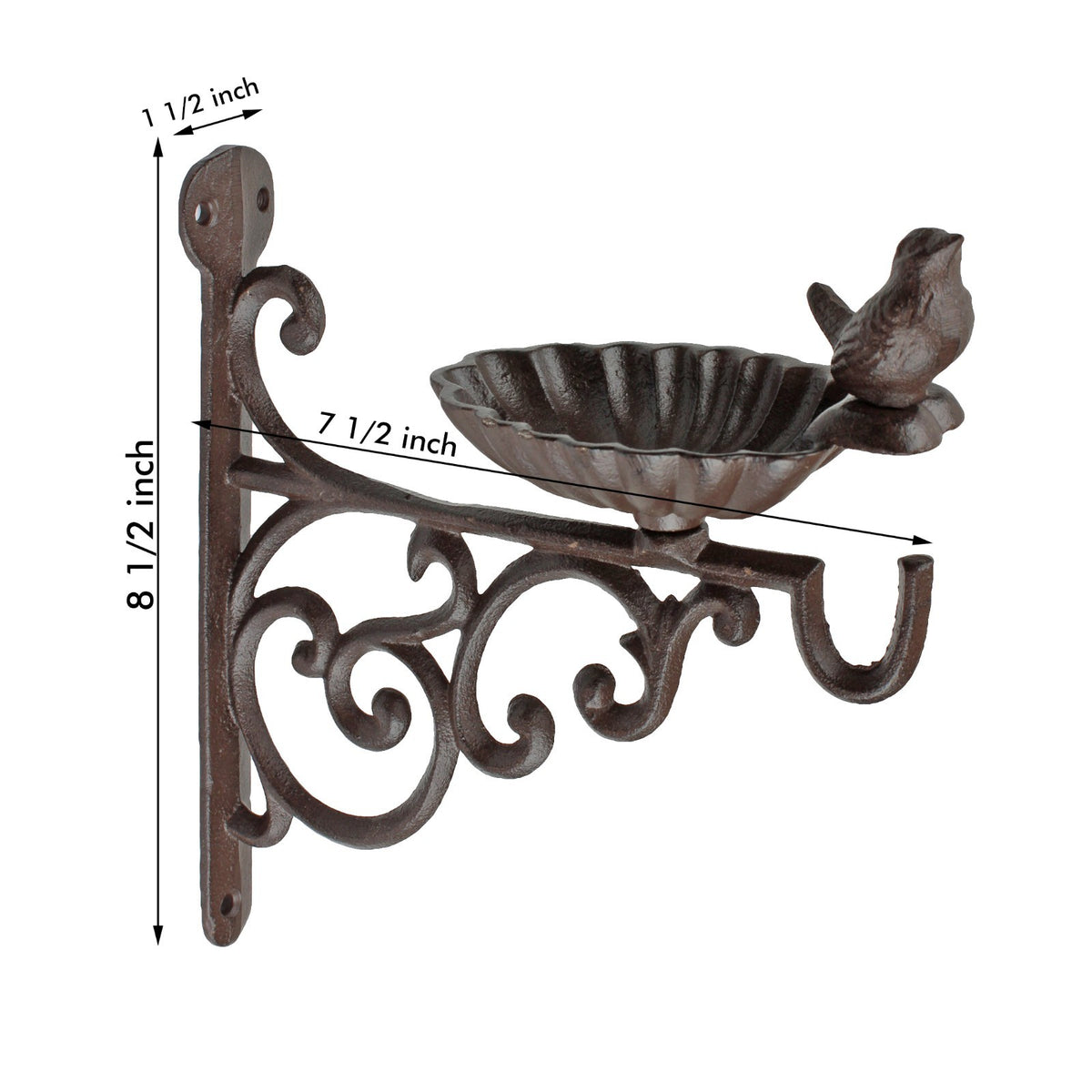 Cast Iron Shell Bird Feeder Wall Bracket Hanging Plant Hook Seed/Bath Dish Brown