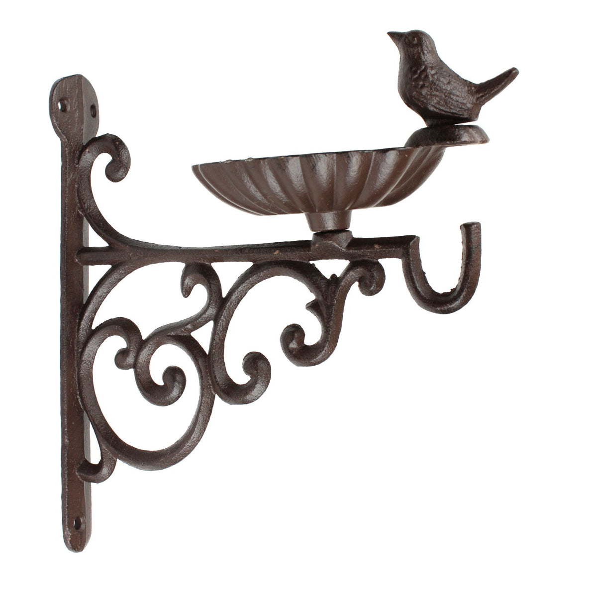 Cast Iron Shell Bird Feeder Wall Bracket Hanging Plant Hook Seed/Bath Dish Brown