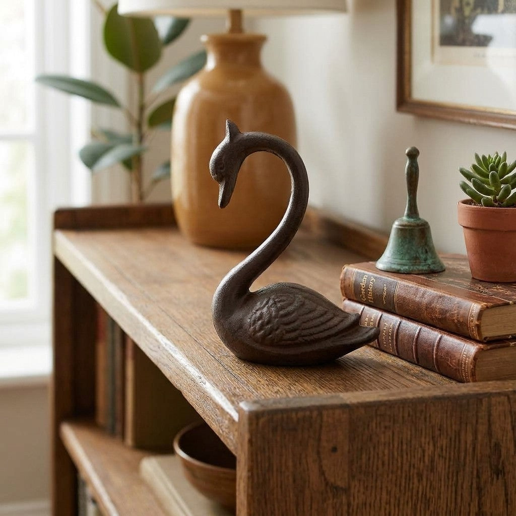 Cast Iron Swan Figurine Statue Heavy Duty Rustic Home Garden Decor 7 3/4" Tall
