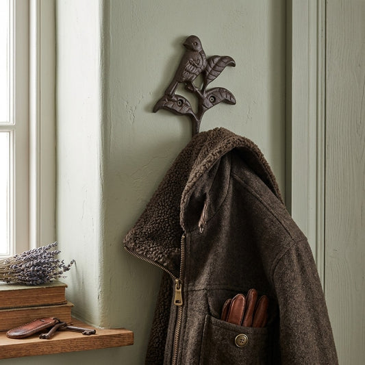 Cast Iron Bird Leaf Wall Hook Key Towel Coat Purse Robe Hanger Rustic Brown