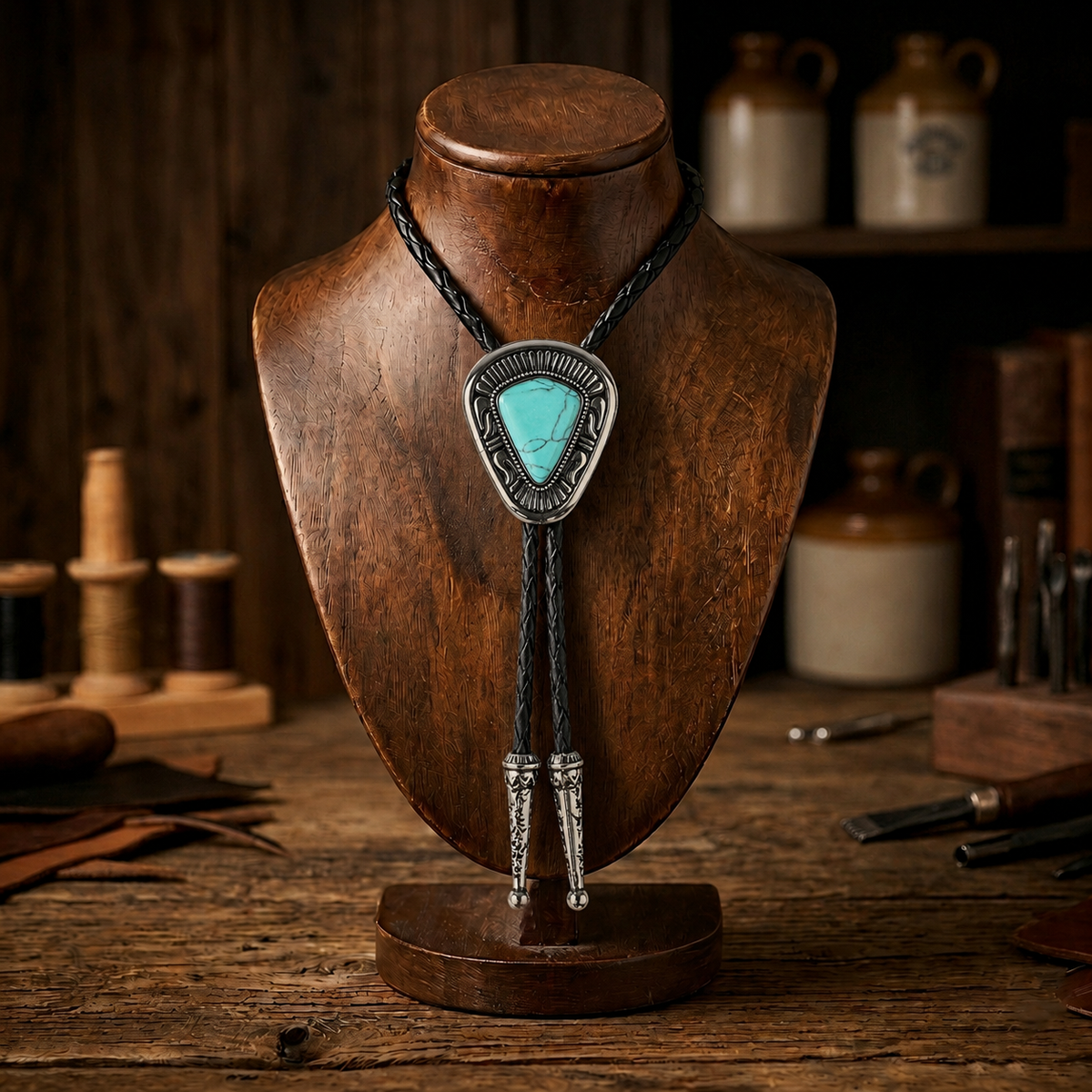 Western Cowboy Turquoise Stone Bolo Tie 40 inch Adjustable Black Leather Cord