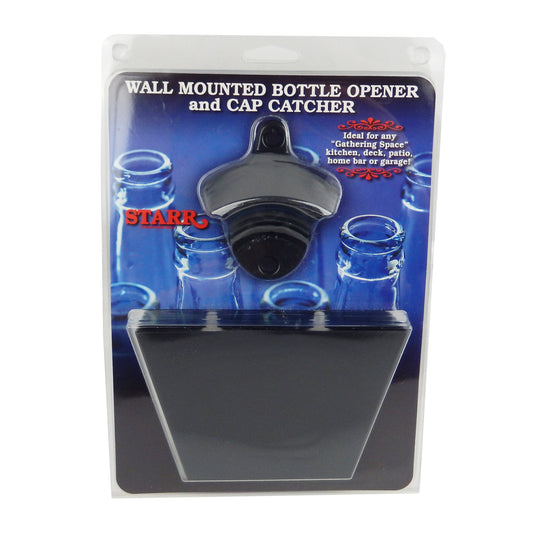 Starr Black Beer Bottle Opener Set with Metal Cap Catcher Wall Mounted w/ Screws