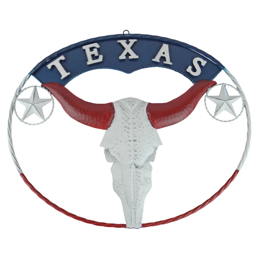 Oval Texas Flag Longhorn Stars Metal Wall Decor Rustic Finish 22.5 x 18 inch