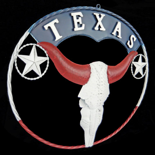 Oval Texas Flag Longhorn Stars Metal Wall Decor Rustic Finish 22.5 x 18 inch