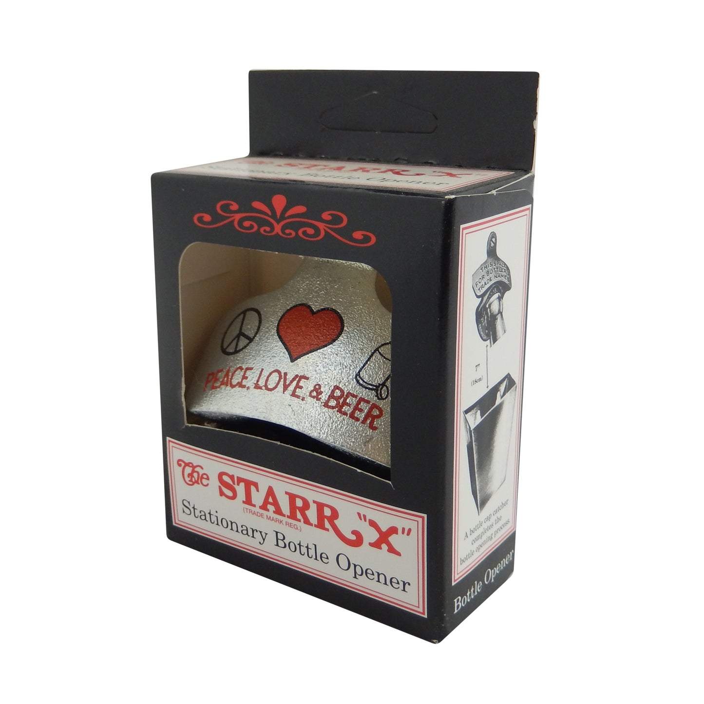 Starr Cast Iron Peace Love & Beer Soda Bottle Opener Wall Mounted Zinc Plated