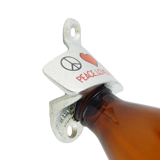 Starr Cast Iron Peace Love & Beer Soda Bottle Opener Wall Mounted Zinc Plated