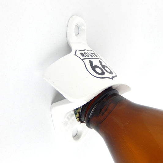 Starr Route 66 Cast Iron Beer Soda Bottle Opener White Powder Coated Wall Mount