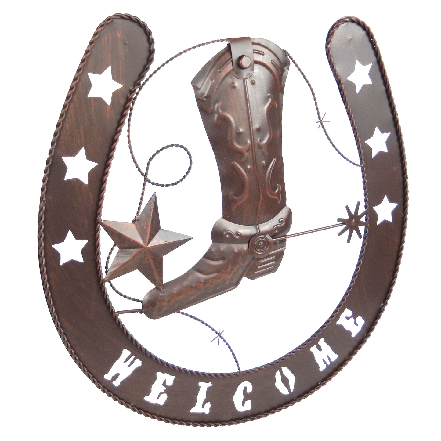 Metal Horseshoe Welcome Wall Decor Boots Spur Stars Rustic Country Western 20 in