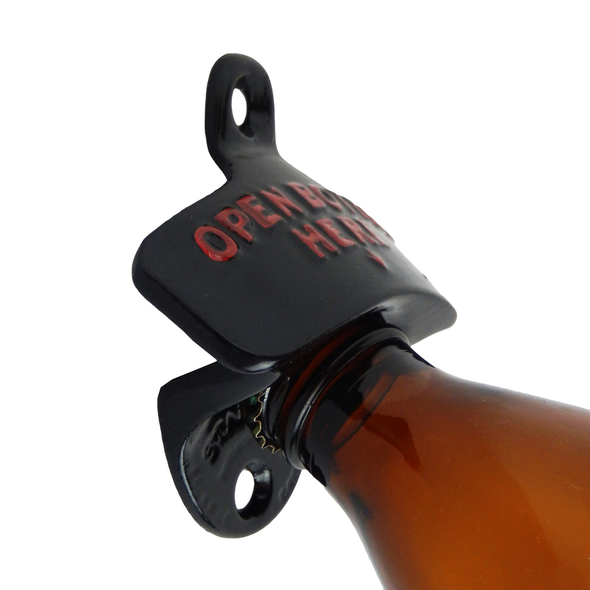 Starr Black Cast Iron Open Bottle Here Opener With Plastic Cap Catcher Set
