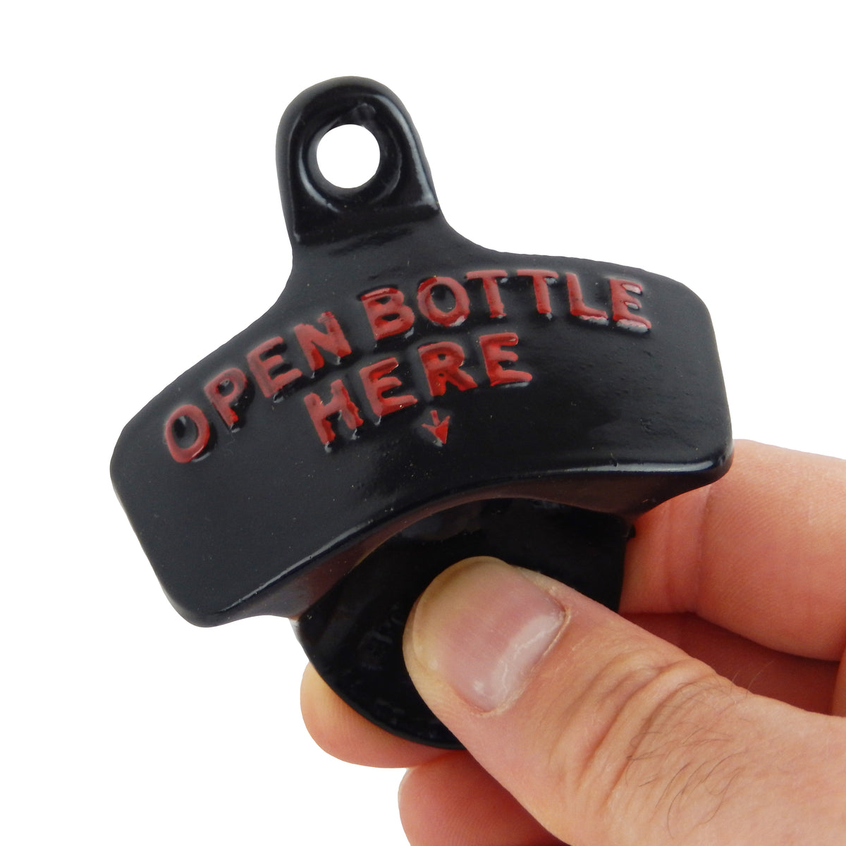 Starr Black Cast Iron Open Bottle Here Opener With Plastic Cap Catcher Set