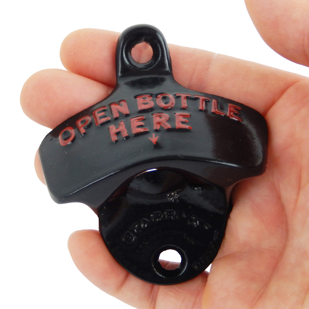 Starr Black Cast Iron Open Bottle Here Opener With Plastic Cap Catcher Set