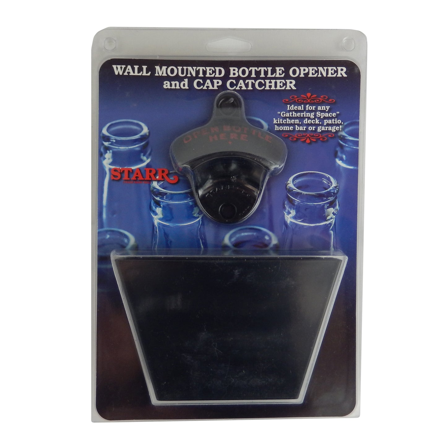 Starr Black Cast Iron Open Bottle Here Opener With Plastic Cap Catcher Set