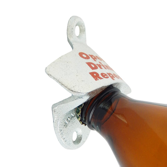 Starr Open Drink Repeat Cast Iron Beer Bottle Opener Wall Mounted Zinc Plated