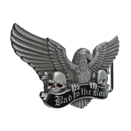 Biker Bad to the Bone Eagle Skulls Belt Buckle Antique Silver Fits 1.5 inch Belts