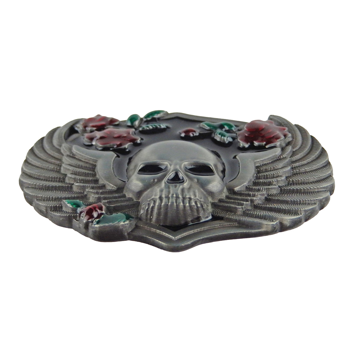Women's Biker Skull Wings Rose Belt Buckle Antique Silver Tone Fits 1.5" Belt