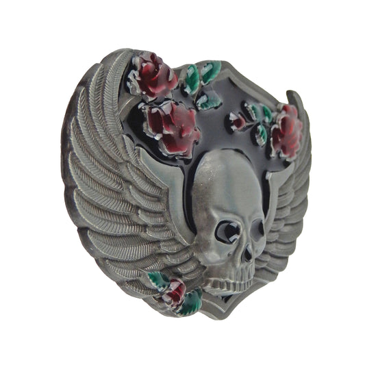 Women's Biker Skull Wings Rose Belt Buckle Antique Silver Tone Fits 1.5" Belt
