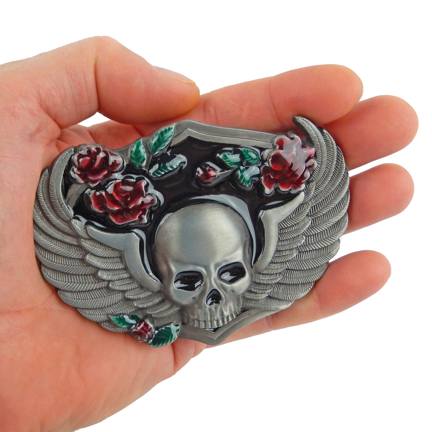 Women's Biker Skull Wings Rose Belt Buckle Antique Silver Tone Fits 1.5" Belt