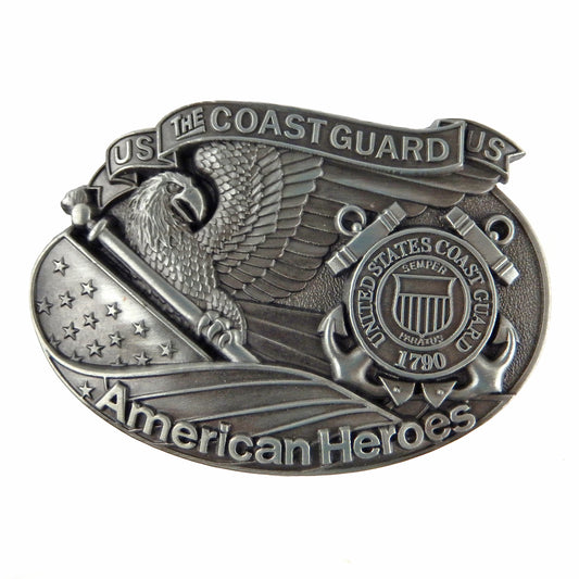 Coast Guard Belt Buckle American Eagle Flag Heroes Silver Tone Fits 1.5 inch Belts