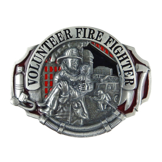 Volunteer Firefighter Men's Belt Buckle Silver Tone Color Enamel Fits 1.5 inch Belts