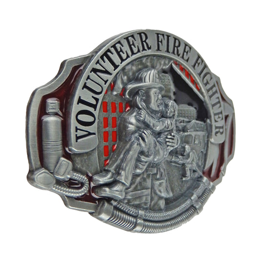 Volunteer Firefighter Men's Belt Buckle Silver Tone Color Enamel Fits 1.5 inch Belts