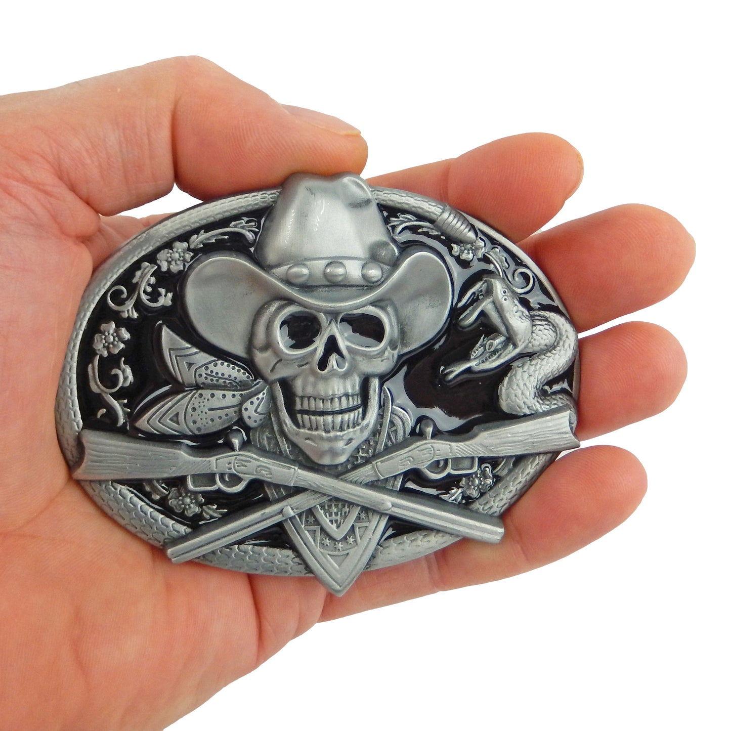 Dead Cowboy Belt Buckle Skull Crossed Guns Rattlesnake Western Fits 1.5 inch Belt