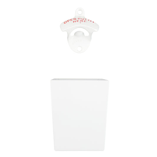 Starr X White Open Bottle Here Opener With Metal Cap Catcher Set Wall Mounted