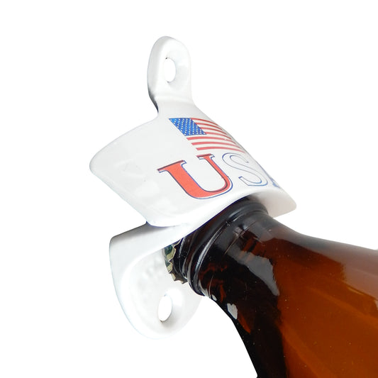 Starr X Patriotic USA Flag Cast Iron Bottle Opener Wall Mounted White Powder Coated