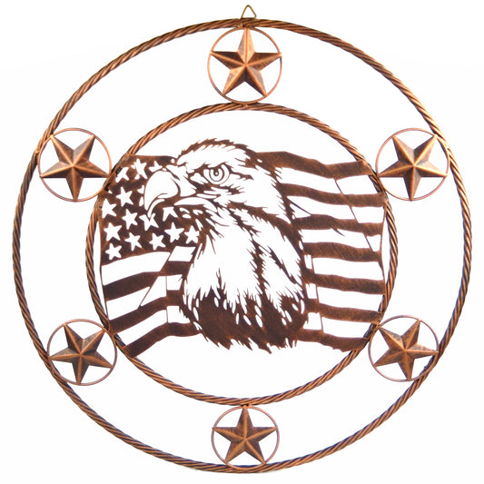 Metal American Flag Eagle Wall Decor Sign Barn Star Rings Brushed Copper 26 inch