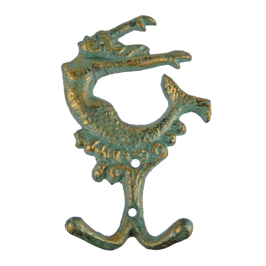 Cast Iron Mermaid Double Wall Hook Nautical Key Towel Coat Hanger Green & Gold