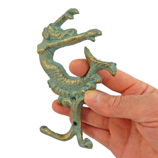 Cast Iron Mermaid Double Wall Hook Nautical Key Towel Coat Hanger Green & Gold