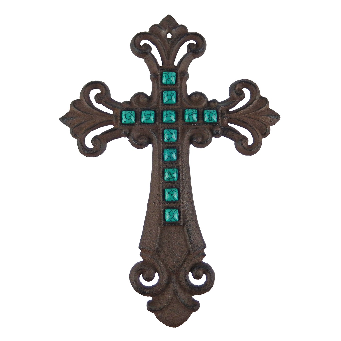 Turquoise Stones Fleur De Lis Wall Cross Cast Iron Rustic Finish Victorian Decor