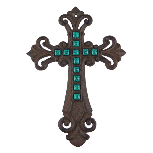 Turquoise Stones Fleur De Lis Wall Cross Cast Iron Rustic Finish Victorian Decor