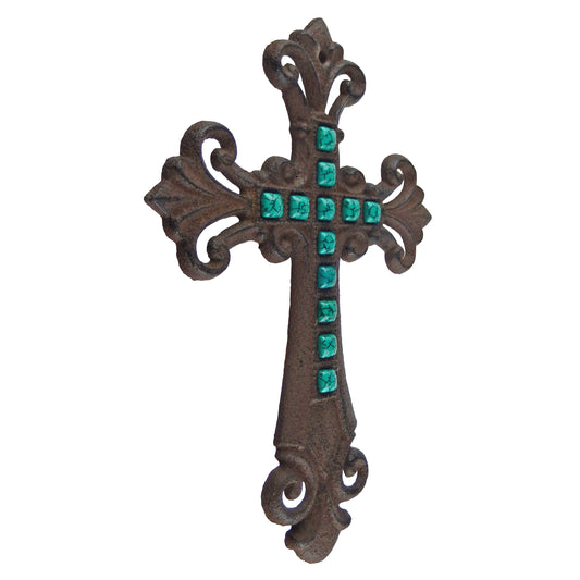 Turquoise Stones Fleur De Lis Wall Cross Cast Iron Rustic Finish Victorian Decor