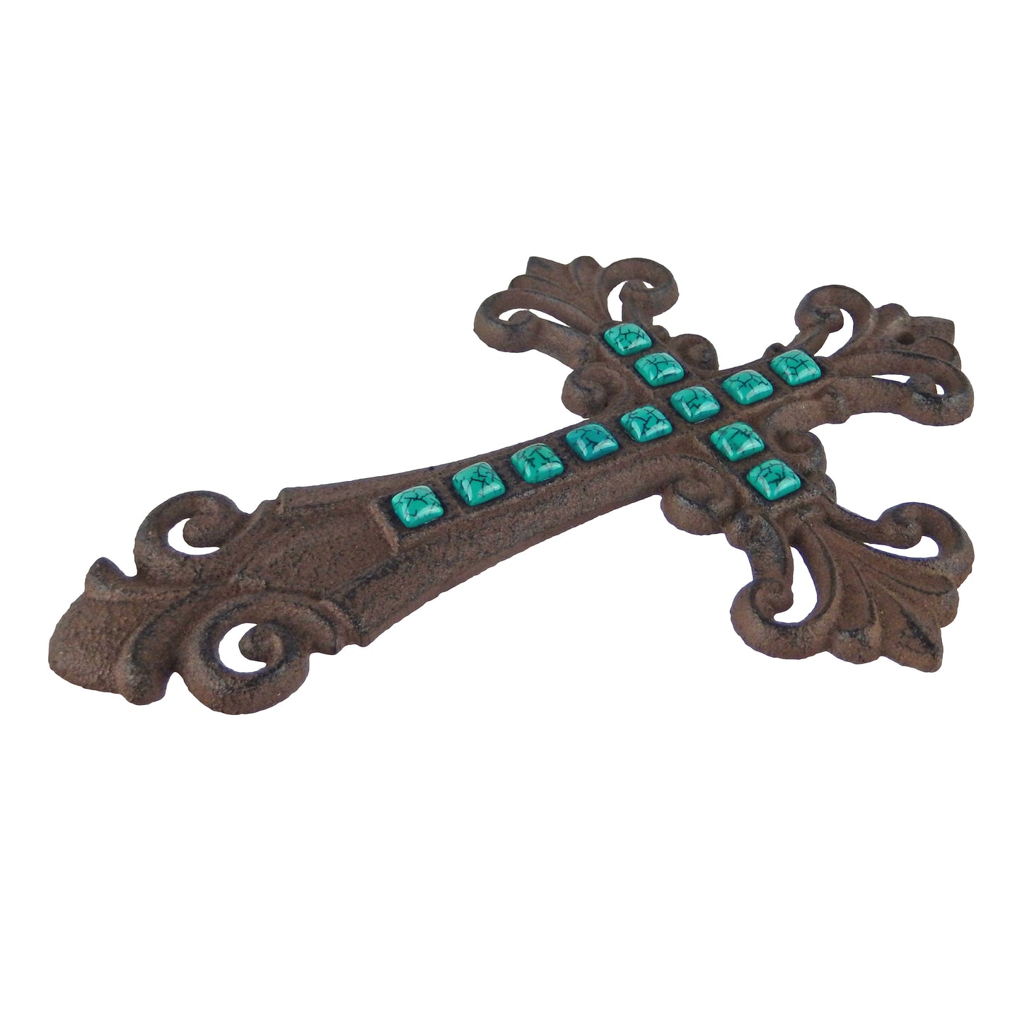 Turquoise Stones Fleur De Lis Wall Cross Cast Iron Rustic Finish Victorian Decor