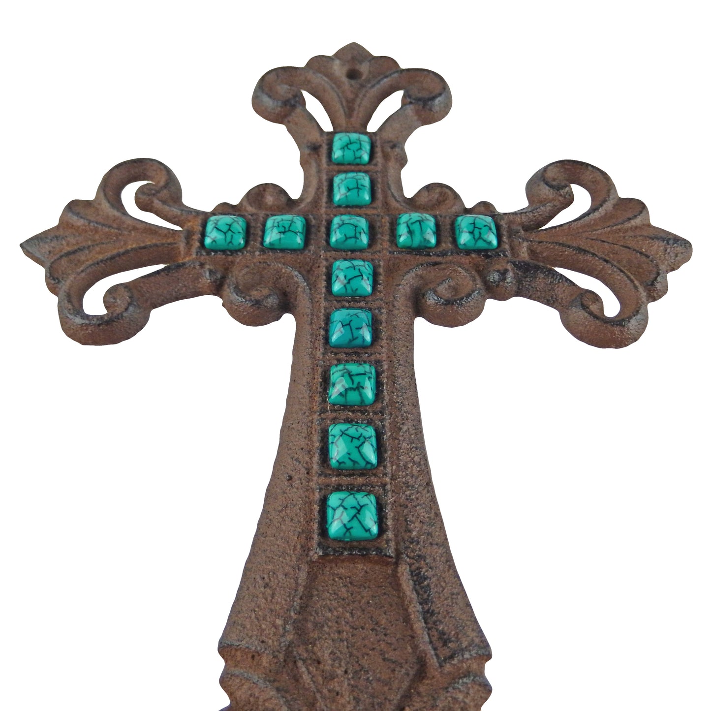 Turquoise Stones Fleur De Lis Wall Cross Cast Iron Rustic Finish Victorian Decor