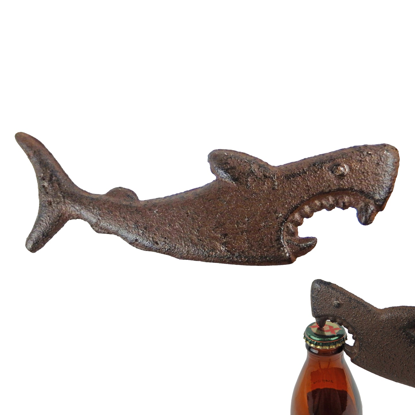 Cast Iron Attacking Shark Teeth Beer Bottle Opener Handheld Rustic Brown Finish