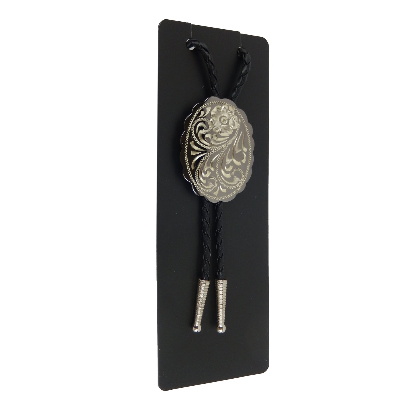 Engraved Floral Bolo Tie Adjustable 36" Cord USA Made Western German Silver