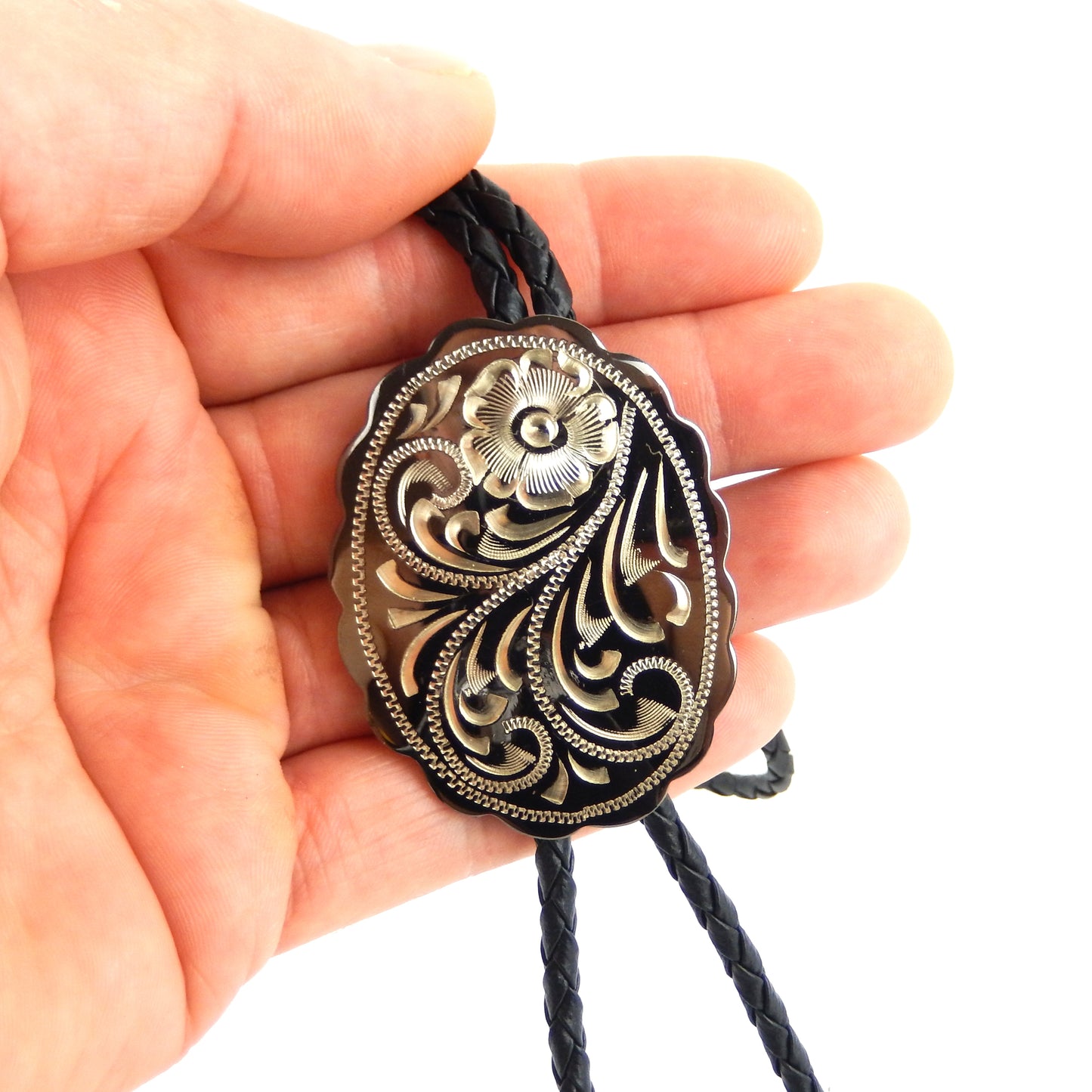 Engraved Floral Bolo Tie Adjustable 36" Cord USA Made Western German Silver