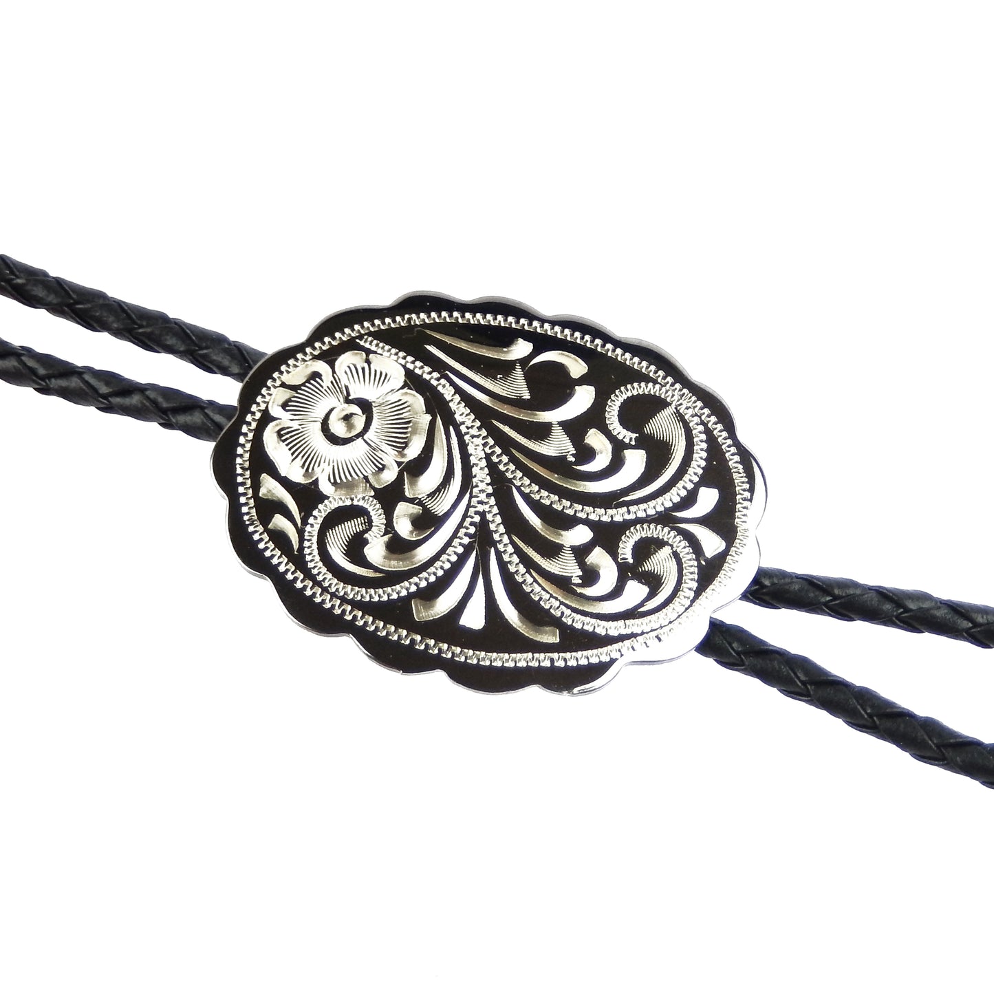 Engraved Floral Bolo Tie Adjustable 36" Cord USA Made Western German Silver