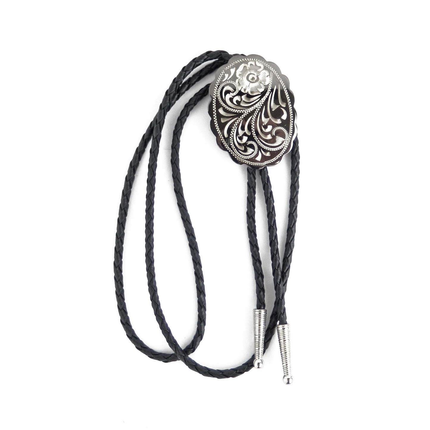 Engraved Floral Bolo Tie Adjustable 36" Cord USA Made Western German Silver